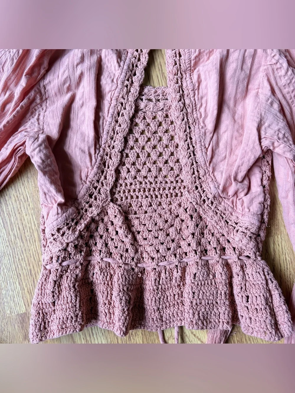 Free People Megan Crochet Knit Tie-Front Top Coral Open Back Boho Romantic Sz S